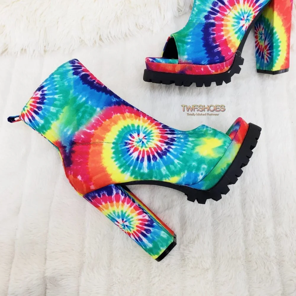 Trippin Colorful Tie Dye Open Toe Chunky Platform Heel Ankle Boots - Picture 5 of 11